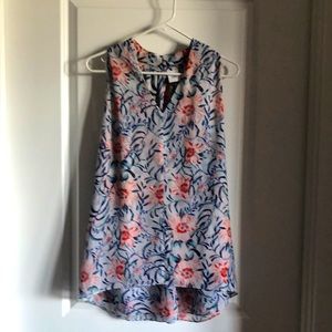 Sleeveless Cabi size L blouse. Blue/ orange/ green. Longer in back.